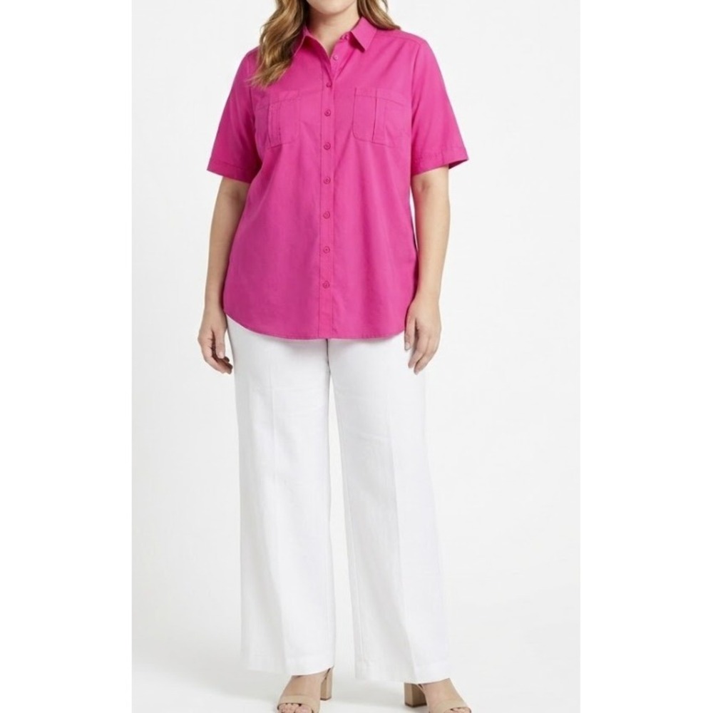 New Chico's Button Down Shirt size XL/3 Pink Short Sleeve Ultra Soft Relaxe